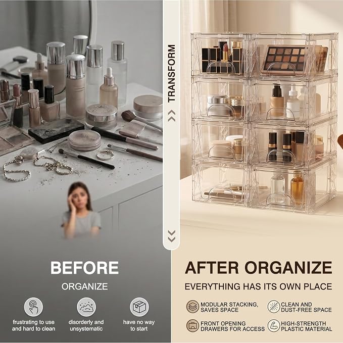 Stackable Storage Drawers 8 Pack 4.4in Clear Medicine Bins Organizer
