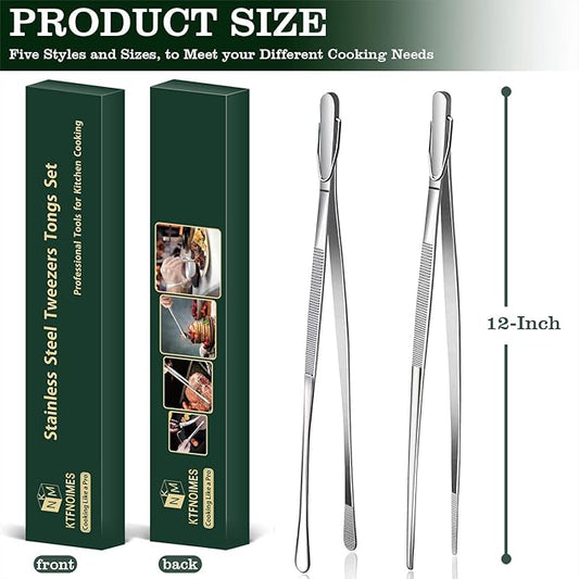 2 Pcs 12-Inch Cooking Tweezers Fine Tweezer Tongs, Extra-Long Stainless Steel Kitchen Tweezers, for Grilling, Serving, and Food Preparation,Silver