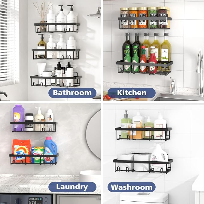 Liuoud Shower Caddy 5 Pack XL-Size Adhesive Stainless Steel Organizer | XL Capacity, With Strong Adhesive, Rustproof, No Drilling Wall Mount Shelvs For Daily Bathroom Organization Decor Set, Black
