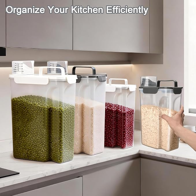 Komzon Rice Storage Containers, Airtight Cereal Containers Storage, with Pouring Spout Portable Handle for Flour, Pasta, Grain and Baking, Pet Dog Cat Bird Food Container 20lb White