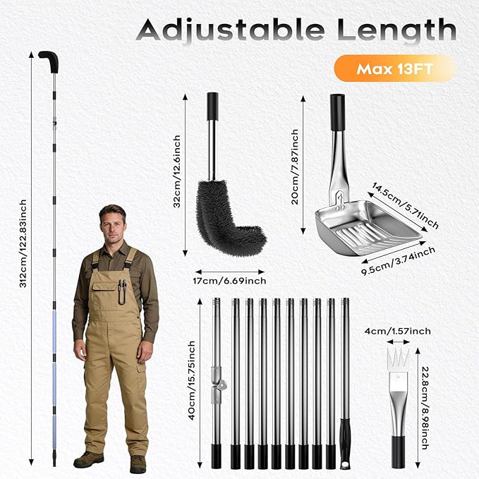 13ft Gutter Cleaning Tools from Ground, No Ladder Needed, 3-in-1 Gutter Cleaner Pole with Replaceable Brush Shovel Scraper, 180° Adjustable Angle for Leaves & Debris Cleaning with Grip Tapes