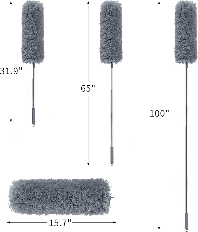 BOOMJOY Microfiber Feather Duster with 100 inches Extension Pole, Dusters for Cleaning High Ceiling, Fan, Blinds, Furniture, Dark Grey