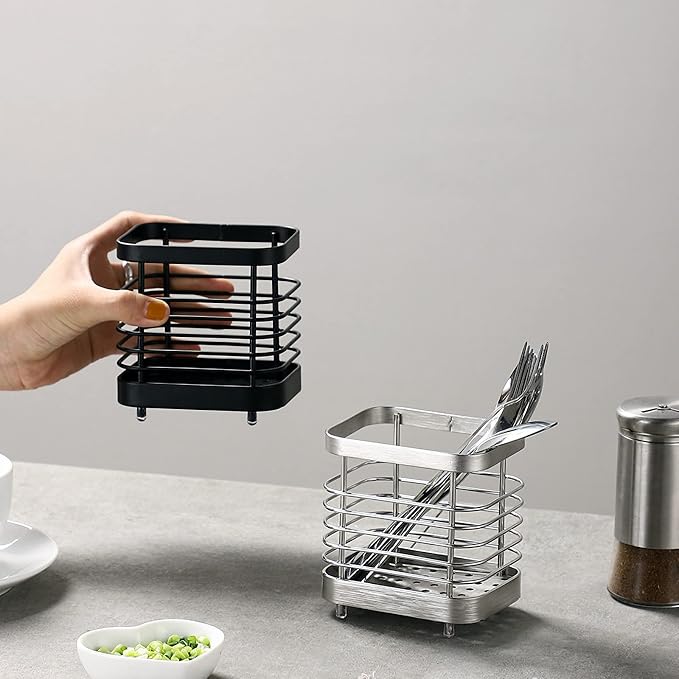 Utensil Holder, Stainless Steel Sink Utensils Holder Countertop, Kitchen Utensil Drying Caddy, Cutlery Drainer for Utensil, Rust-Proof Cutlery Sink Organizer (Silver)