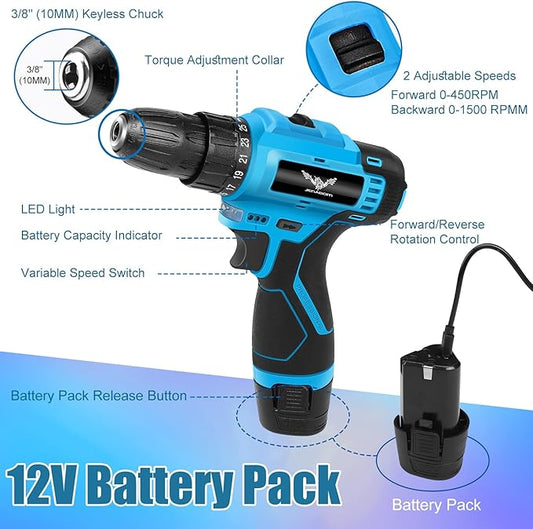 JENABOM Tool Set - 12V Cordless Drill Kit, 146 Piece Home Tool Set With Power Drill, Tool Kits for Men & Women, Perfect for Homeowner, Diyer, Handyman
