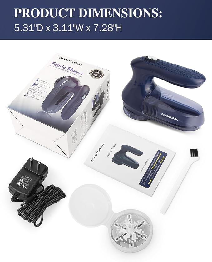 BEAUTURAL Fabric Shaver and Lint Remover, Portable Sweater Defuzzer | AC Adapter or Battery Powered, 2 Speeds, 1 Replaceable 6-Leaf Blade, Powerful & Efficient for Couch and Furniture