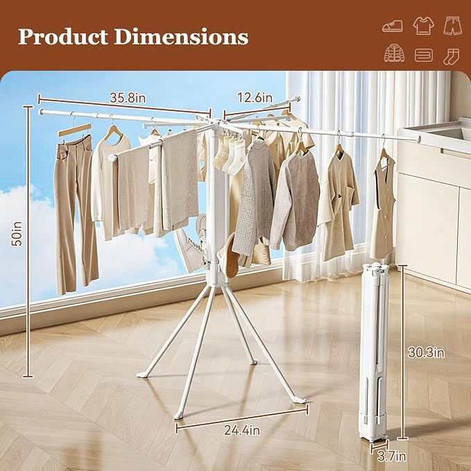 Adjustable Collapsible Umbrella Style Clothes Drying Rack, 4Legs6Telescopic Arms, Space-Saving Freestanding Laundry Airer with Windproof Clips, Easy Setup Indoor Outdoor (White-Plastic)