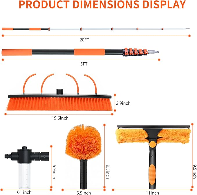 Solar Panel Cleaning Kit with 5-20ft Telescoping Pole, Water Fed Pole Window Cleaning System with Soap-Dispenser, Brush, 11″Squeegee & Cobweb Duster for Snow Removal, Windows, RVs, Decks