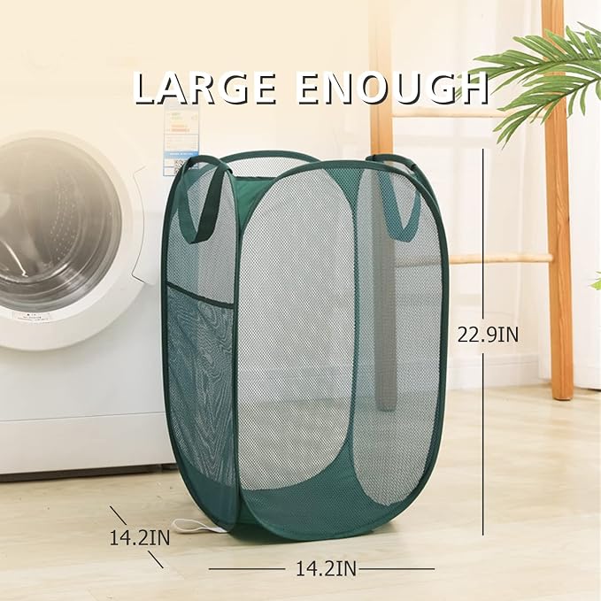 Sturdy Mesh Laundry Hamper Basket Bag,collapsible Pop up for Laundry Room | Folding Foldable Baskets with Side Pocket Travel Clothes Organizer for Bathroom,Kids Room,College Dorm (Vertical,Emerald)