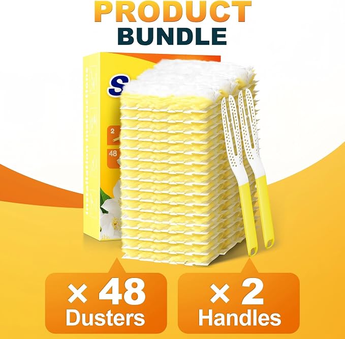 JOYMOOP Disposable Electrostatic Duster for Cleaning, with 2 Handles & 48 Ct Yellow Heavy Duty Refills for Swiffer Feather Duster, Household Cleaning Tool for Electronics, Dusting Furniture, Blinds