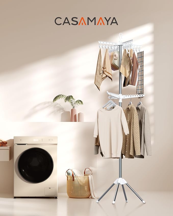 CASAMAYA Clothes Drying Rack Foldable, 72 inch 2 Tier Laundry Drying Rack with Rotating Clothes Rail for 27 Pieces of Clothes, Adjustable, 24 Clips, Space Saving, White and Silver CDR012W01