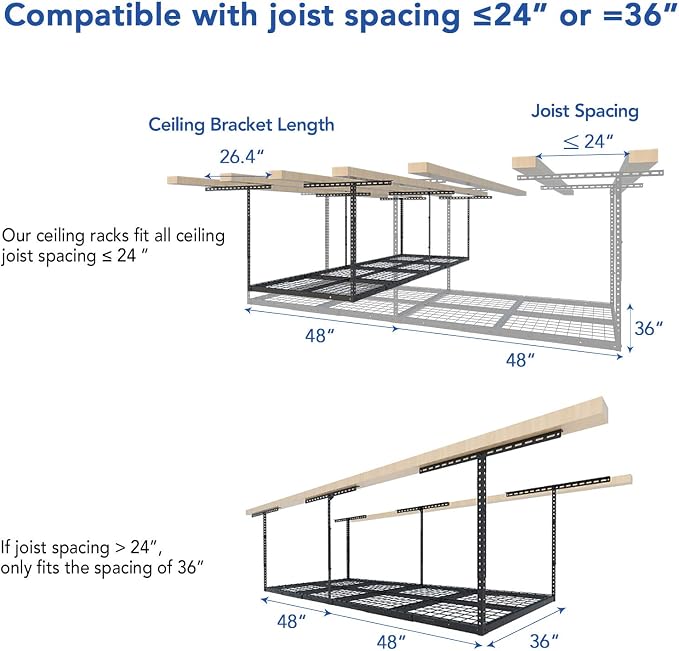 FLEXIMOUNTS 3x8 Overhead Garage Ceiling Storage Rack, Adjustable Garage Organization System, Heavy Duty Metal, 750lbs Weight Capacity, Hammertone, Classic Series