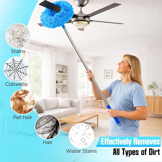 Ceiling Fan Cleaner Duster with Extension Pole, 12 to 51 Inch Duster Length, Reusable Microfiber Dusters for Cleaning Fan Blades, Cobwebs, Walls, Windows & High Ceilings, Removable, Blue