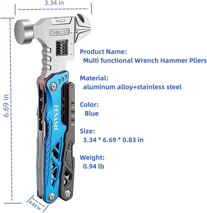 Upgraded Adjustable Wrench Multitool Hammer, 18 in 1 | Pocket Multi Tool Pliers, All-in-One Survival Tool, Camping, Everyday Use