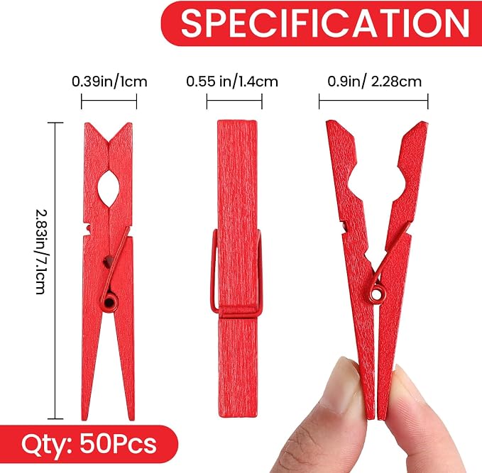 50PCS Colored Wooden Clothespins 2.9 Inch Color Clothes Pins for Pictures | Colorful Close Pins Wood for Photos Classroom School Decoration Craft Cheer, Red