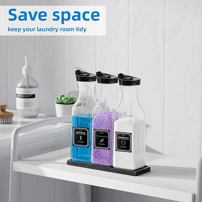 Laundry Detergent Dispenser,54OZ Laundry Soap Dispenser,Liquid Laundry Detergent Container,Fabric Softener Dispenser with Black Wood Tray,Laundry Room Organizer with 4 Labels