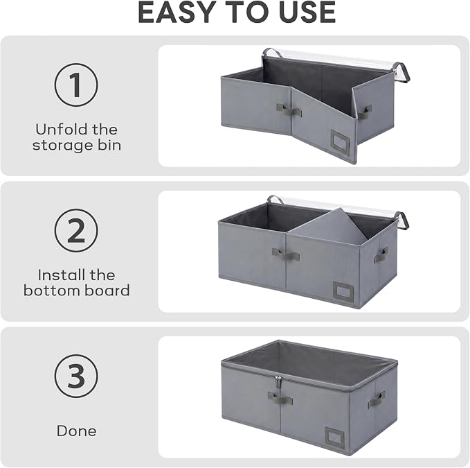 10" High Capacity Under Bed Storage Bins (3-Pack, Grey), Deep 600D Heavy Duty Oxford Fabric Storage Box for King Size Comforters, Pillows & Large Blankets