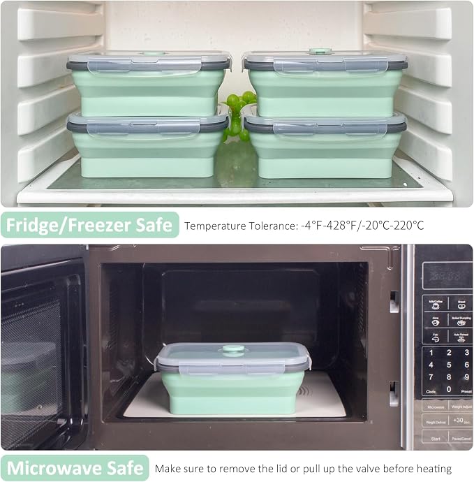 Collapsible Food Storage Containers with Lids & Vent, 27 oz, Kitchen Stacking Silicone Collapsible Meal Prep Container Set for Leftover, Microwave Freezer Dishwasher Safe, Mint Green, 4 Pack