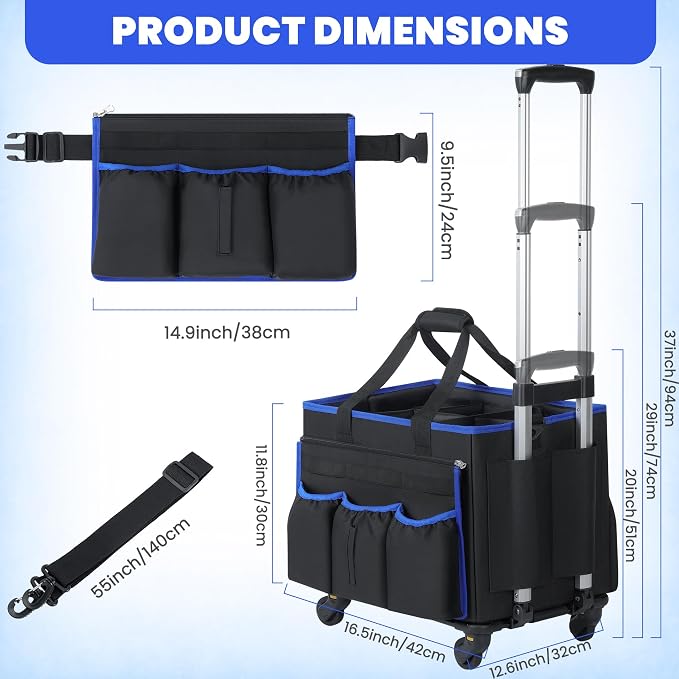 Large Rolling Cleaning Caddy Bag with Detachable Trolley and Shoulder Strap | Large Capacity with Multiple Pockets, Detachable Waist Pouch, Water Resistant Cleaning Supply Organizer Cart for Housekeeper