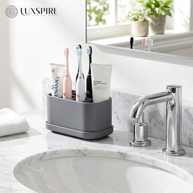 Luxspire Toothbrush Holders for Bathrooms, Silicone, 5 Slots, Gray | Toothbrush Organizer with Suction Cup Tray, Toothbrush Holder with Drainage for Bathroom Countertop
