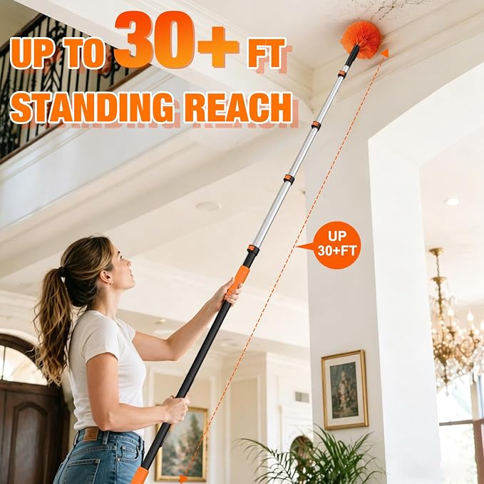 LAANPOLE 30FT Cobweb Duster with Extension Pole, Spider Web Brush for Cleaning Extendable, Professional Ceiling and Corner Dusters for Outdoor Indoor Use