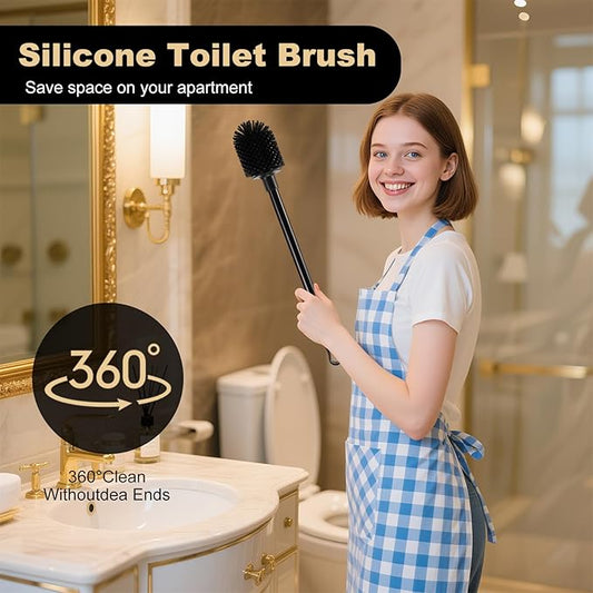 Silicone Toilet Bowl Brush and Holder 2 Pack Long Handle Toilet Brush for Bathroom Flexible Silicone Toilet Brush Set for Domestic Deep Cleaning Under Rims (Black)