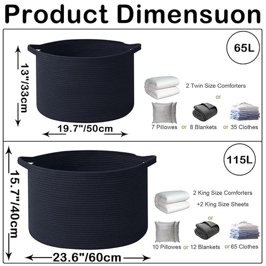 65L Large Blanket Basket,Cotton Rope Woven Storage Basket with Handles, Laundry Hamper for Toys, Clothes, Pillows & Towels, Perfect for Living Room, Nursery & Bedroom,Navy