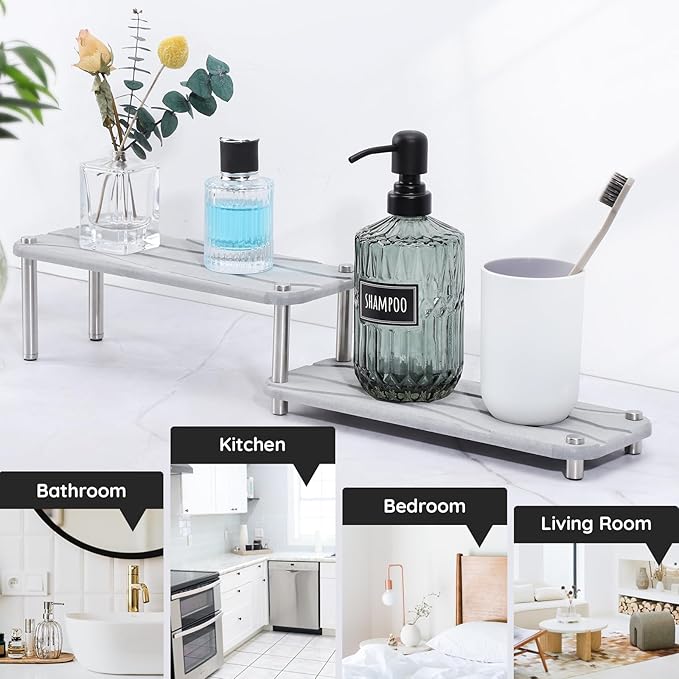 Segbeauty 2 Tier Quick Dry Diatomaceous Earth Stone Tray, 11x4.3in Water Absorbing Bathroom Tray Countertop Organizer Instant Drying Vanity Tray, Kitchen Counter Dish Soap Dispenser Rack Sponge Holder