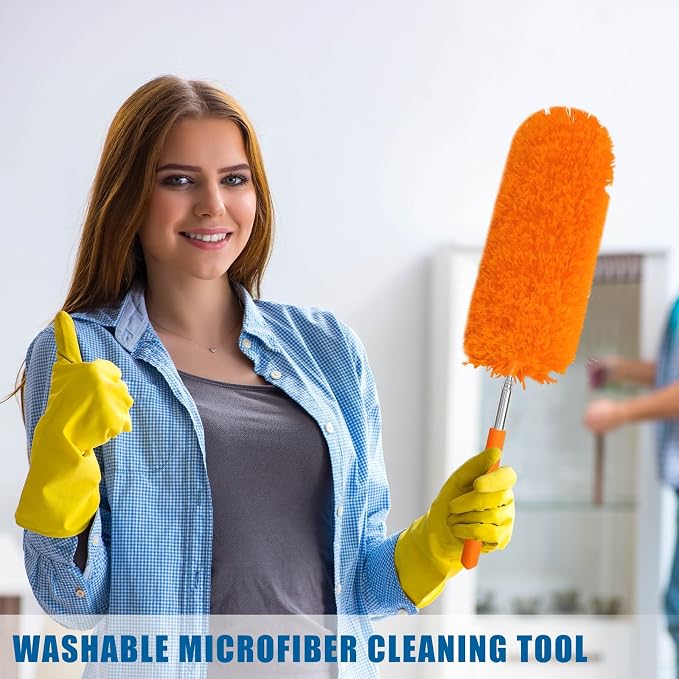 Tanlade 1 Pcs Microfiber Feather Duster for Cleaning, Extendable 13-31 Inch Ceiling Fan Duster with Bendable Head, Washable Tools for Ceiling Fans, Furniture, Car, Cobwebs (Orange)