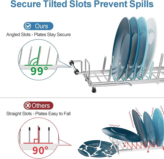GSlife Small Dish Drying Rack for Counter - Expandable Drainer, Silver | Dual-Screw Locks, Expandable Fit Support with Cup Holders, Steel Drainer, Measured Sink Fit, Daily Kitchen Use and Cleanup
