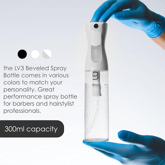 L3 Beveled Spray Bottle - Continuous Spray with a Fine Mist Pattern - Barber and Hair Stylist Supplies - Less Hand Fatigue Compared to Standard Bottles - Level Three Barber Spray - 300 ml (Clear)