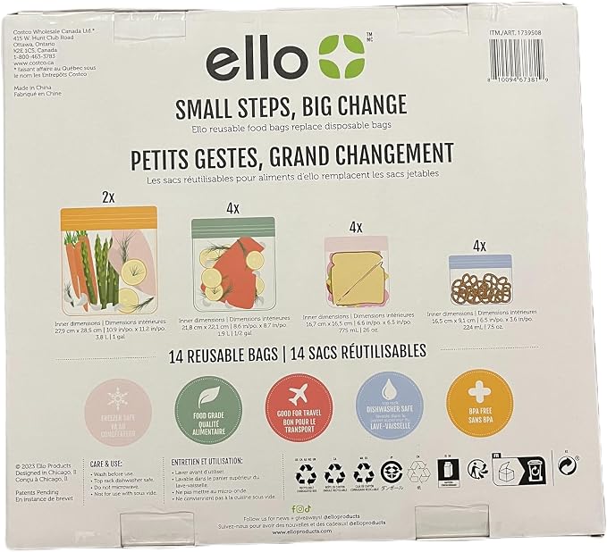 Ello 14 Reusable Produce Bags, Assorted Sizes (Snack, Sandwich, Half Gallon), Zipper Closure, PEVA Material, Multicolored, Leak Resistant, Dishwasher Safe