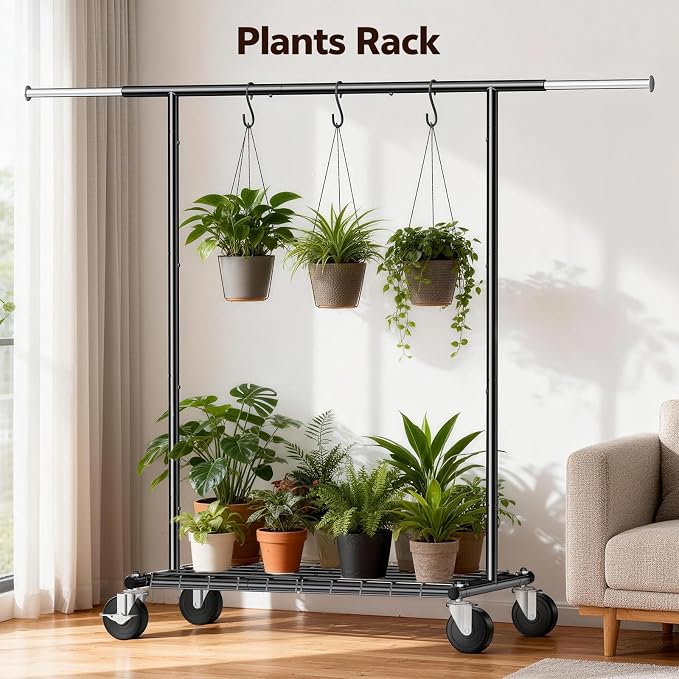 Heavy Duty Clothes Rack for Bedroom - Load 420 LBS - Rolling Clothing Rack for Hanging Clothes with Lockable Wheels & Shelves - Extendable Garment Rack for Closet Laundry - Black