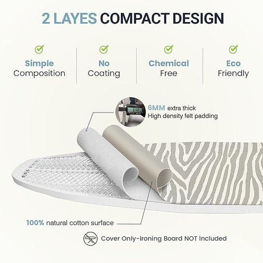 UniSimp Ironing Board Cover and Pad 18"x49" Extra Thick Natural Cotton, Scorch and Stain Resistant Padding, Extra Wide Iron Board Cover with Fasteners Heavy Duty Elastic Edge, Heatproof Zebra