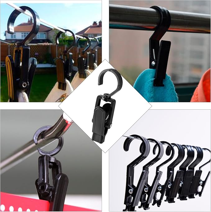 Jiozermi 10 PCS Laundry Hooks Clip, Plastic, Black | Super Strong, Swivel Hooks, For Clothing Store Home Office & Workshop
