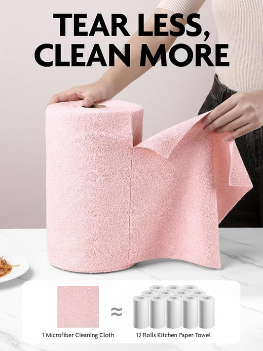 Fantasticlean Microfiber Cleaning Cloth Rolls-150 Sheets,12"x12"(Pink,Grey) | Super Absorbent, Lint-free, Tear-away Microfiber Towel Roll, for All-Purpose Cleaning