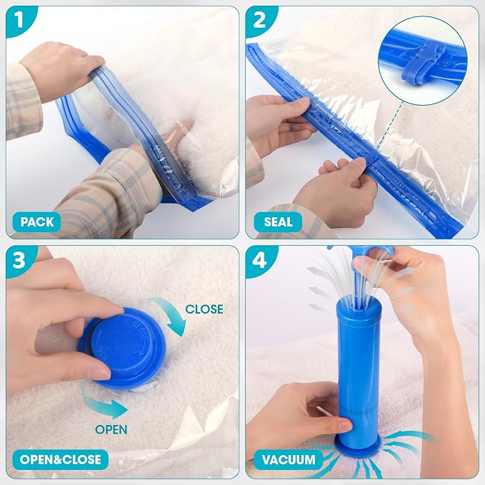 30 Pack Vacuum Storage Bags with Hand Pump, Compression Space Saver Vacuum Seal Bags 6 Jumbo/6 Large/6 Medium/6 Small/6 Roll Up Bags for Clothing Travel Comforters Blankets Pillows Bedding Duvets