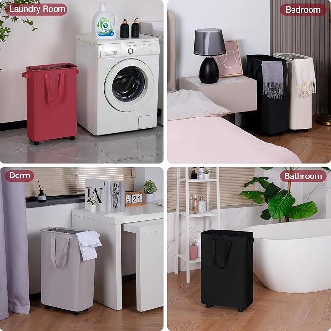 efluky Slim Laundry Hamper with Wheels, Rolling Laundry Basket for Clothes, Small Laundry Basket for Bedroom, Dorm and Laundry Room, 60L (12.7 Gallons) Red