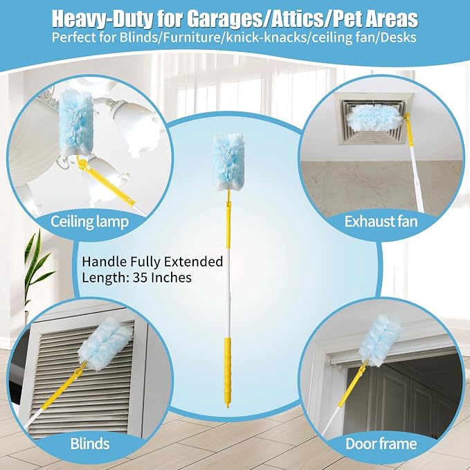 60 Count 360° Heavy Duty Duster Refills Compatible with Swiffer,Large Size-Extra Thick Disposable Electrostatic Duster Refill with 1 Retractable Handle(35-inch Length Fully expanded)