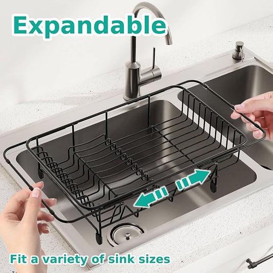 AIDERLY Dish Drying Rack in Sink Expandable Stainless Steel Kitchen Dish Drainer with 4 Cup Holders, Black