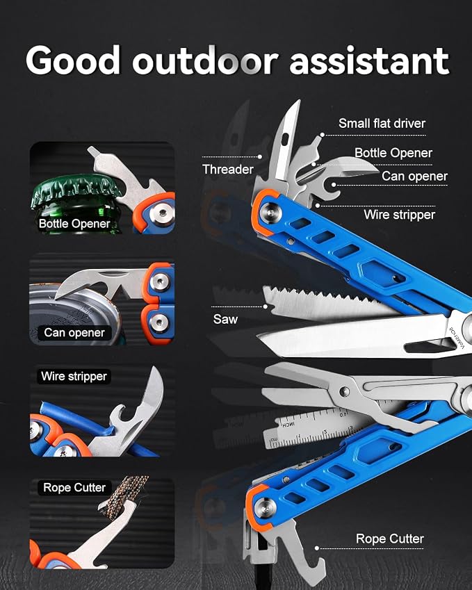 Pocket 15-in-1 Multi tool Pliers with Safety-Lock and Sheath (Blue) | EDC Pocket Knife,3mm Wire Cutter, Saw,Bottle Opener, Screwdriver, Must-have for Survival and Out-door, Gifts for Men