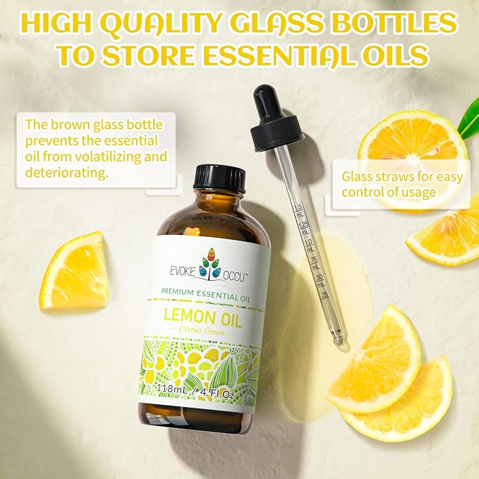 EVOKE OCCU Lemon Essential Oil for Cleansing Skin Home Diffuser Massage | DIY Cleaning Spray, Suitable for Cleaning Kitchen Countertops, Dishes, and Cookware, and for Freshening up – 118mL / 4 fl oz