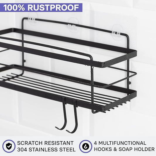 KINCMAX Premium Shower Caddy with Soap Holder, 2-Pack Adhesive Shower Organizer, No Drill Bathroom Shelves, Rustproof Stainless Steel Shelves for Inside, Shower Storage Rack, Matte Black