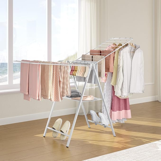 APEXCHASER 6 Height Adjustable Clothes Drying Rack with Shoe Slots, White | Pre-Assembled, Stable Load Structure, 22 Drying Rails, Foldable Space-Saving For Efficient Indoor & Outdoor Airflow Drying