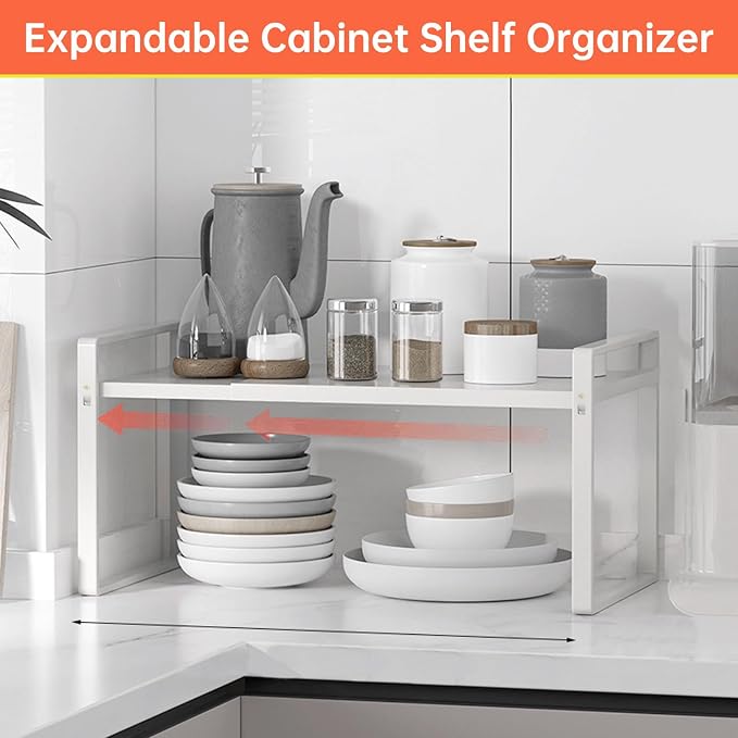 Expandable Cabinet Shelf Organizer, 14"-25" Adjustable Rack | Adjustable Width for Cabinet, 11" Wide Spice Rack, Countertop Shelf & Small Pantry Storage, Kitchen Counter Organizer