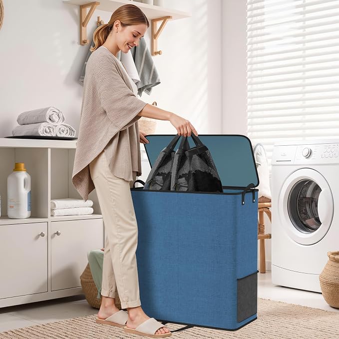 136L 2 Section Laundry Hamper with Lid, Laundry Basket, Blue | Large Laundry Hampers with Reinforced Handles & Removable Bags, Tall Dirty Clothes Hamper for Laundry Room, Bedroom, Bathroom