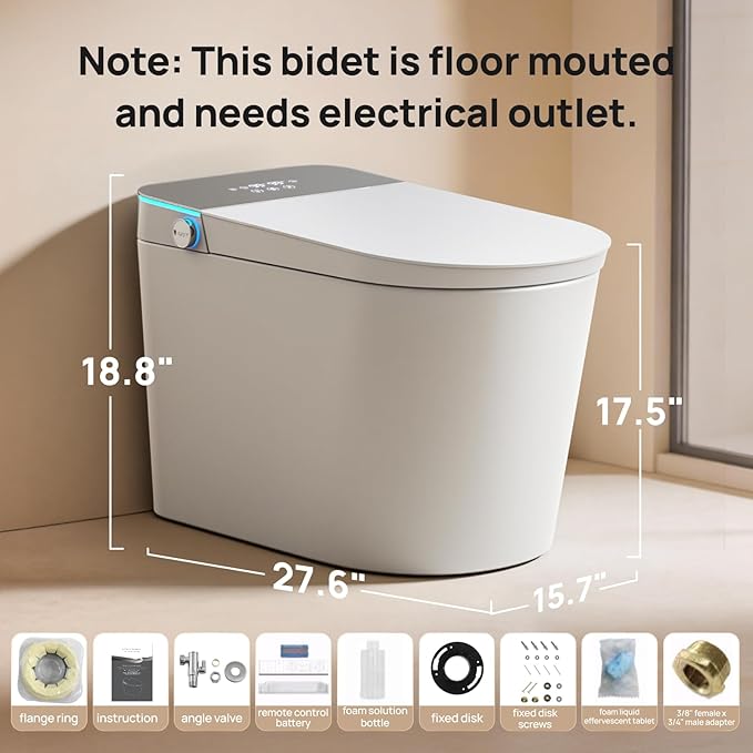 Smart Toilet with Bidet Built-in: Super Gentle Wash Bidet Toilet with Dryer, Dual Flush One Piece Toilet with Child Mode, Foam Shield, Heated Seat, Foot Sensor, UV-C Night Light, Auto Lid/Seat, Grey