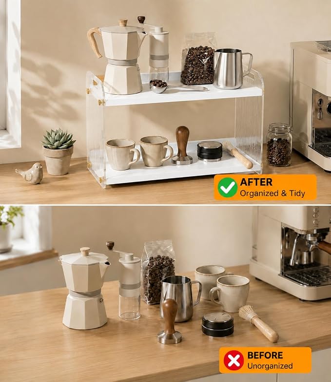 2 Tier Coffee Station Organizer - Acrylic & Pine Wood Matcha Station(White) | 15.75" x6.18" x9.37", Easy-to-Clean coffee bar shelf for Kitchen Countertops, for Placing Mugs, Coffee Beans, Syrup, Cups etc