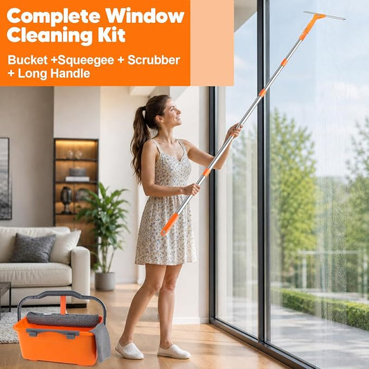 Window Cleaning Kit with Bucket 3 Gallon & 76" Squeegee Scrubber | Professional Window Washing Equipment with Long Handle, Compelete Window Cleaner Tools for Home Outdoor Commercial Car