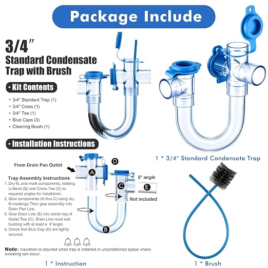 4 Pack 3/4 Inch Standard Condensate Trap with Cleaning Brush, PVC U Trap for HVAC Systems, Air Conditioner, Effectively Drains Condensate (Clear)