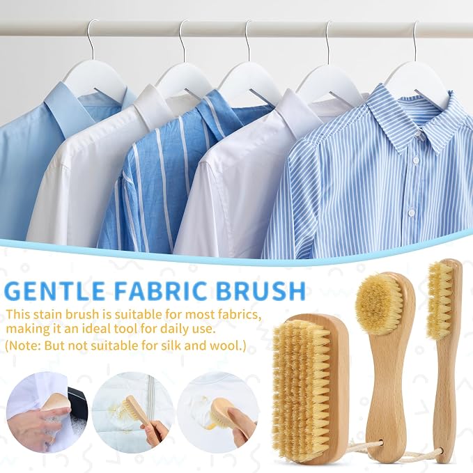 DEBETOOL 3-Piece Laundry Brush for Stains on Clothes, Gentle Boar Bristl | Laundry Scrub Brush Stain Remover for Delicate and Everyday Fabrics, Wooden Handheld Spot Cleaning Tool